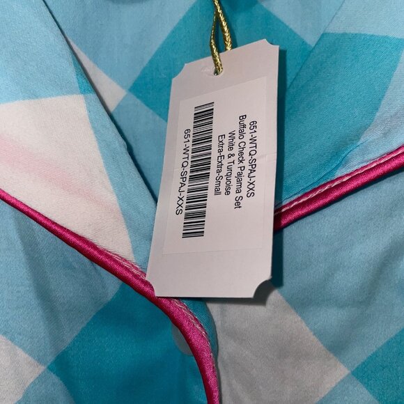 Jaye's Studio Womens Button-Down Pajama Set XXS Turquoise & White Plaid Cotton - Picture 6 of 7